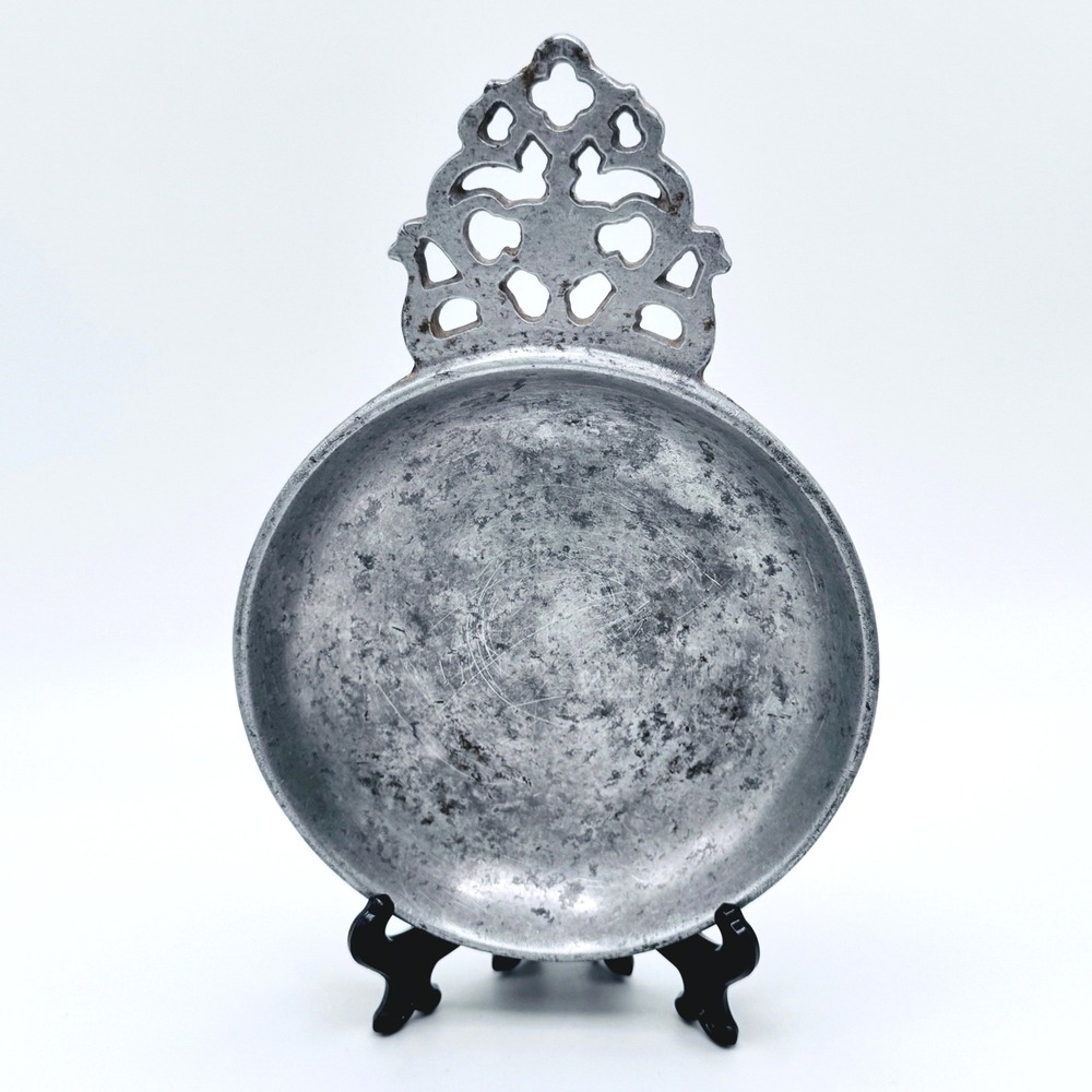 Vintage Sweden Pewter Bowl Porringer Dish Ornate Handle Scandinavian Colonial